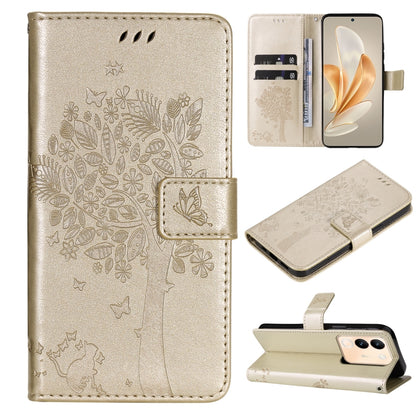 Tree & Cat Embossed Pattern Flip Leather Phone Case, For vivo Y200e 5G Global / V30 Lite India, For vivo V29e Global / Y200 5G Global