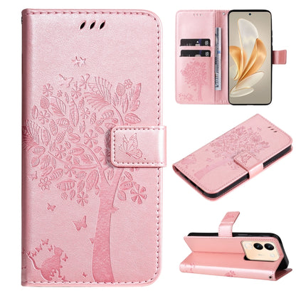 Tree & Cat Embossed Pattern Flip Leather Phone Case, For vivo Y200e 5G Global / V30 Lite India, For vivo V29e Global / Y200 5G Global