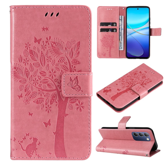 Pink flip leather phone case with tree-and-butterfly embossed pattern and card holder flap