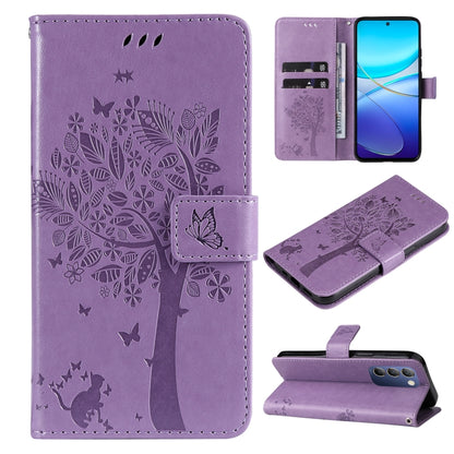 Tree & Cat Embossed Pattern Flip Leather Phone Case, For vivo Y200e 5G Global / V30 Lite India, For vivo V29e Global / Y200 5G Global
