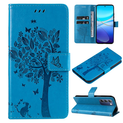 Tree & Cat Embossed Pattern Flip Leather Phone Case, For vivo Y200e 5G Global / V30 Lite India, For vivo V29e Global / Y200 5G Global