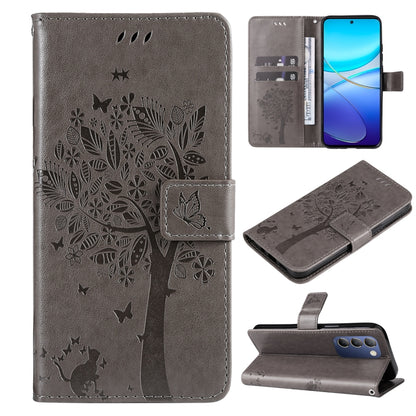Tree & Cat Embossed Pattern Flip Leather Phone Case, For vivo Y200e 5G Global / V30 Lite India, For vivo V29e Global / Y200 5G Global