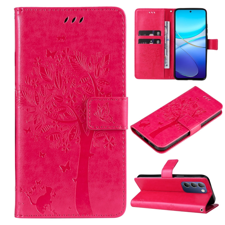 Tree & Cat Embossed Pattern Flip Leather Phone Case, For vivo Y200e 5G Global / V30 Lite India, For vivo V29e Global / Y200 5G Global