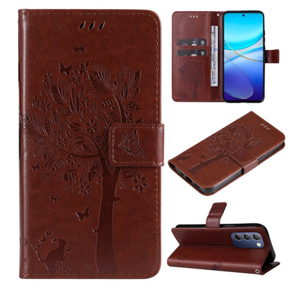 Tree & Cat Embossed Pattern Flip Leather Phone Case, For vivo Y200e 5G Global / V30 Lite India, For vivo V29e Global / Y200 5G Global