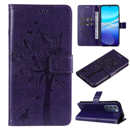 Tree & Cat Embossed Pattern Flip Leather Phone Case, For vivo Y200e 5G Global / V30 Lite India, For vivo V29e Global / Y200 5G Global