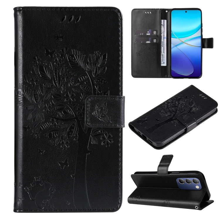 Tree & Cat Embossed Pattern Flip Leather Phone Case, For vivo Y200e 5G Global / V30 Lite India, For vivo V29e Global / Y200 5G Global