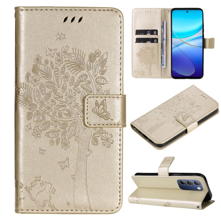 Tree & Cat Embossed Pattern Flip Leather Phone Case, For vivo Y200e 5G Global / V30 Lite India, For vivo V29e Global / Y200 5G Global
