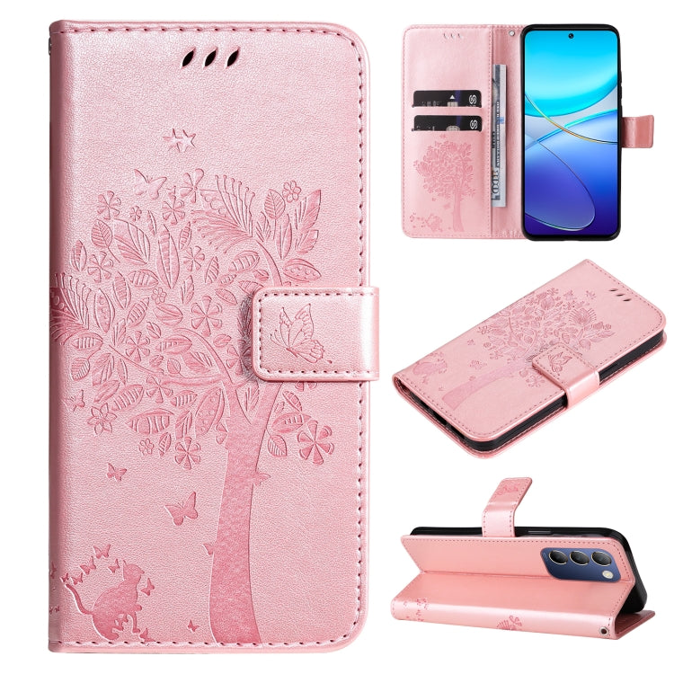 Tree & Cat Embossed Pattern Flip Leather Phone Case, For vivo Y200e 5G Global / V30 Lite India, For vivo V29e Global / Y200 5G Global