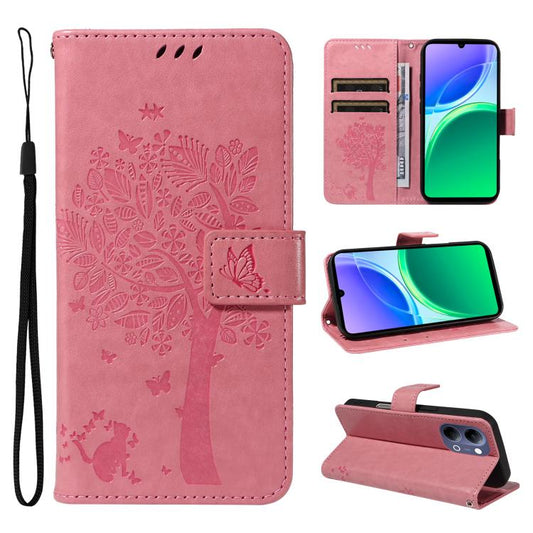 Pink embossed flip leather phone case with butterfly tree pattern and card slots