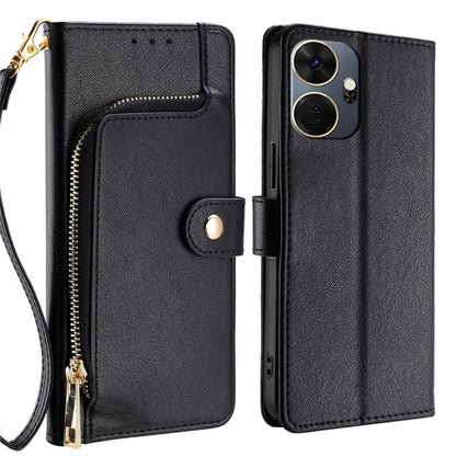 Black leather zipper phone case with crossbody strap, snap flap, and card slot pocket.