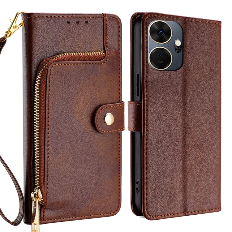 Brown leather zipper phone case with crossbody strap, snap flap, and card slot pocket.