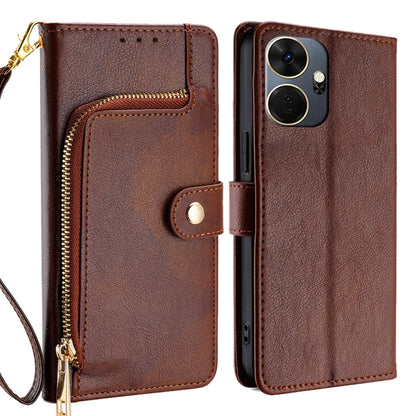 Brown leather zipper phone case with crossbody strap, snap flap, and card slot pocket.