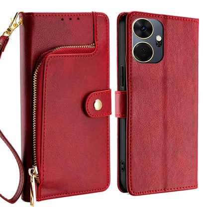 Red leather zipper phone case with crossbody strap, snap flap, and card slot pocket.