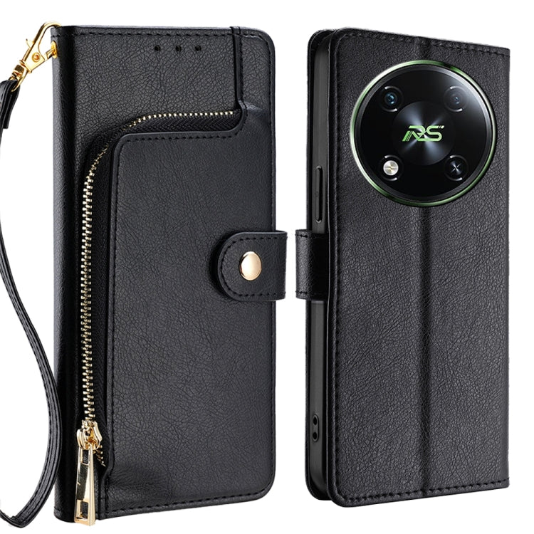 Black leather folio zipper phone case with magnetic clasp and wrist lanyard.
