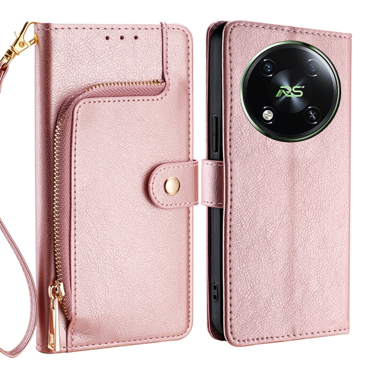 Rose-pink leather folio zipper phone case with magnetic clasp and wrist lanyard.