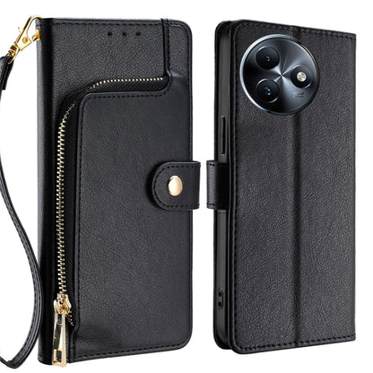 Black leather zipper phone case with wrist strap, snap flap, and card slot pocket.