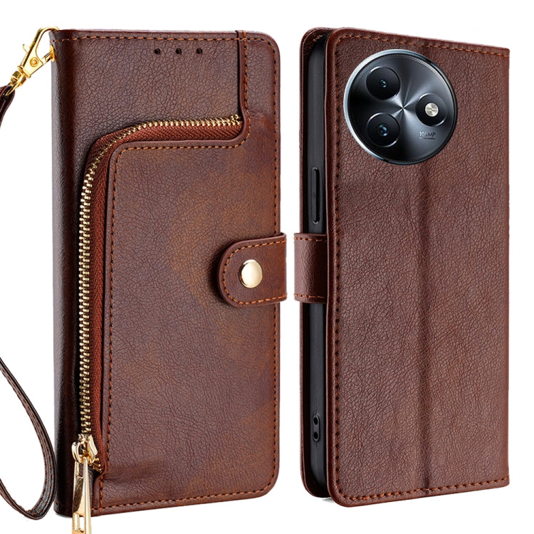 Brown leather zipper phone case with wrist strap, snap flap, and card slot pocket.