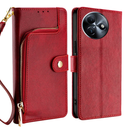 Red leather zipper phone case with wrist strap, snap flap, and card slot pocket.