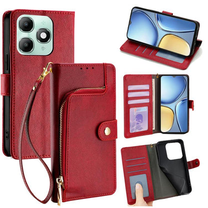 Zipper wallet leather phone case with wrist strap, card slots, and flip cover (red).