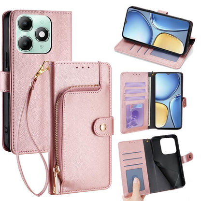 Zipper wallet leather phone case with wrist strap, card slots, and flip cover (rose pink).