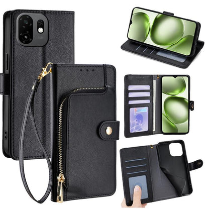 Zipper wallet leather phone case with wrist strap, card slots, and flip cover (black).