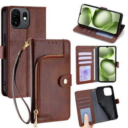 Zipper wallet leather phone case with wrist strap, card slots, and flip cover (brown).