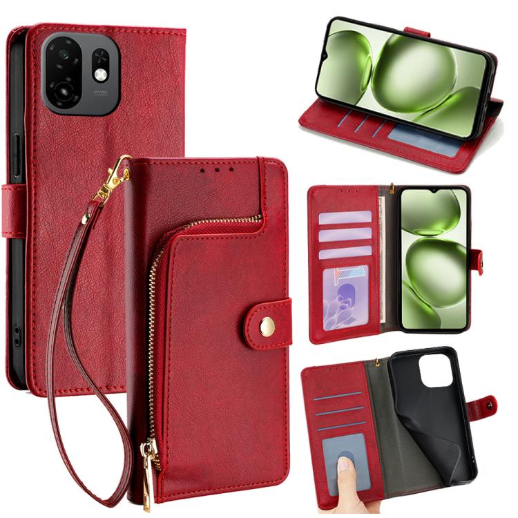 Zipper wallet leather phone case with wrist strap, card slots, and flip cover (red).