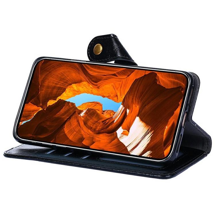 Black leather phone wallet case with protective flip cover and snap strap button.