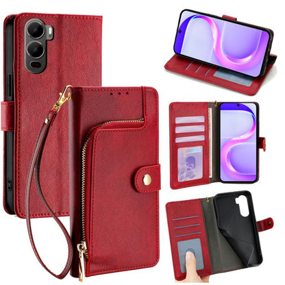 Red leather phone wallet case with wrist strap, zipper pocket, and card slots.