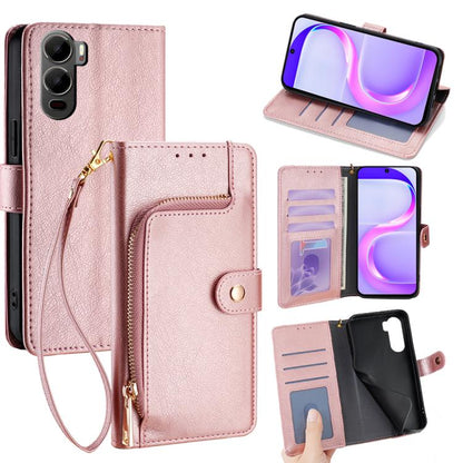 Rose gold leather phone wallet case with wrist strap, zipper pocket, and card slots.