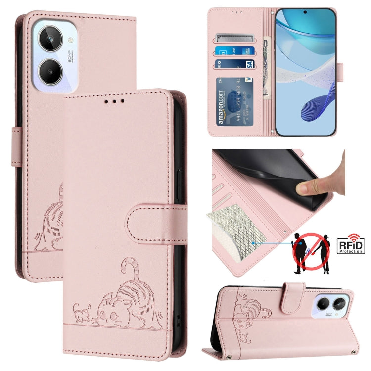 RFID leather wallet phone case with embossed cat-rat pattern, blush pink, card slot and stand