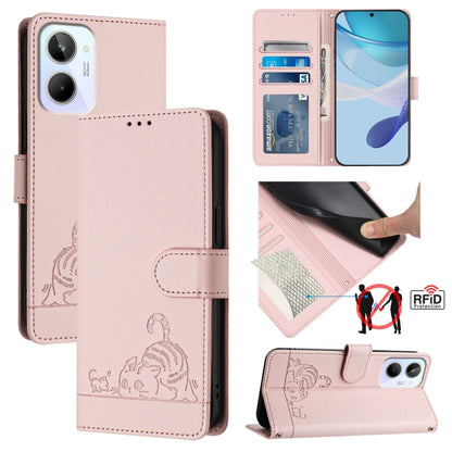 RFID leather wallet phone case with embossed cat-rat pattern, blush pink, card slot and stand