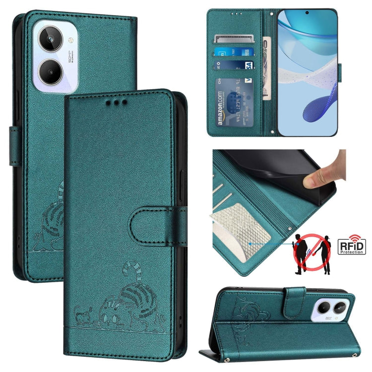 RFID leather wallet phone case with embossed cat-rat pattern, teal, card slot and stand