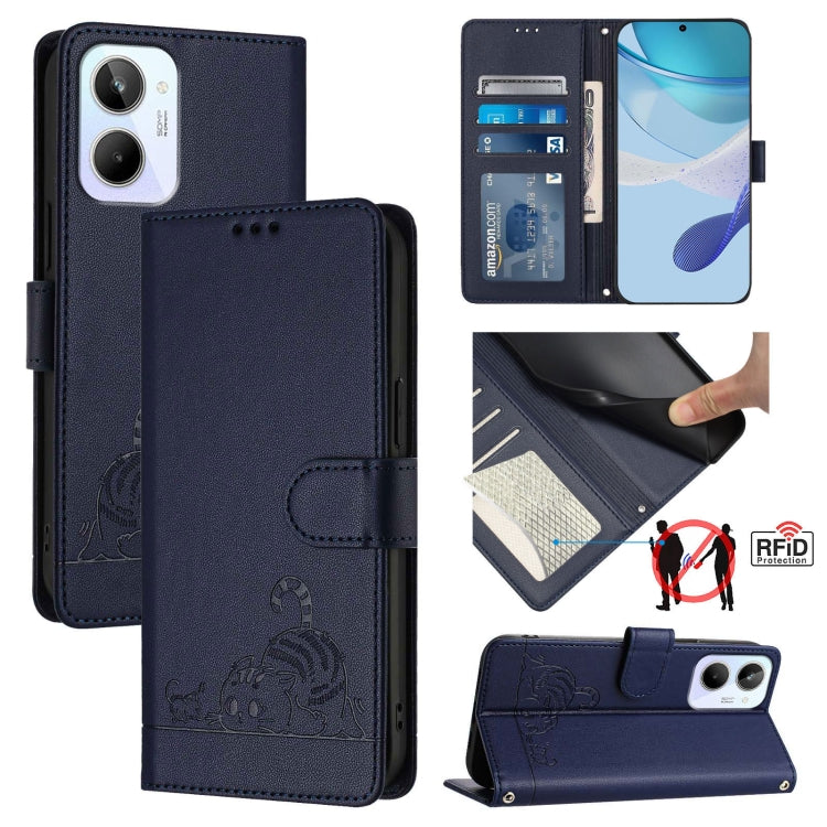 RFID leather wallet phone case with embossed cat-rat pattern, dark navy, card slot and stand