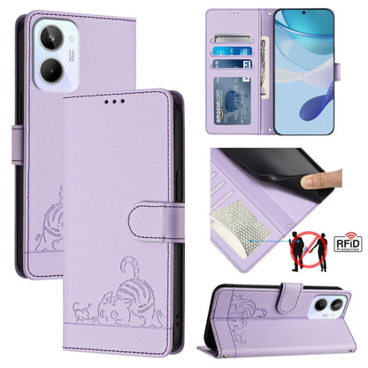 RFID leather wallet phone case with embossed cat-rat pattern, lilac, card slot and stand