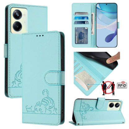 RFID leather phone wallet case in mint blue with embossed cat-and-rat pattern and card slot