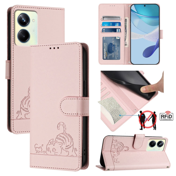 RFID leather phone wallet case in pink with embossed cat-and-rat pattern and card slot