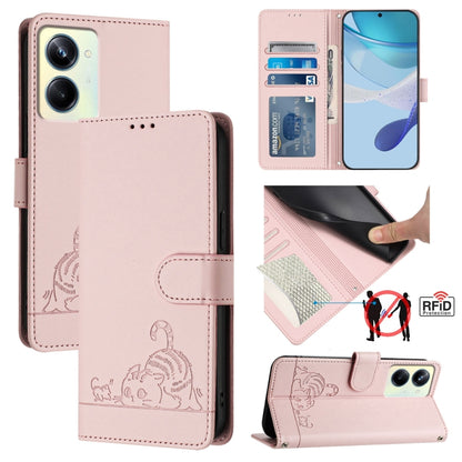 RFID leather phone wallet case in pink with embossed cat-and-rat pattern and card slot