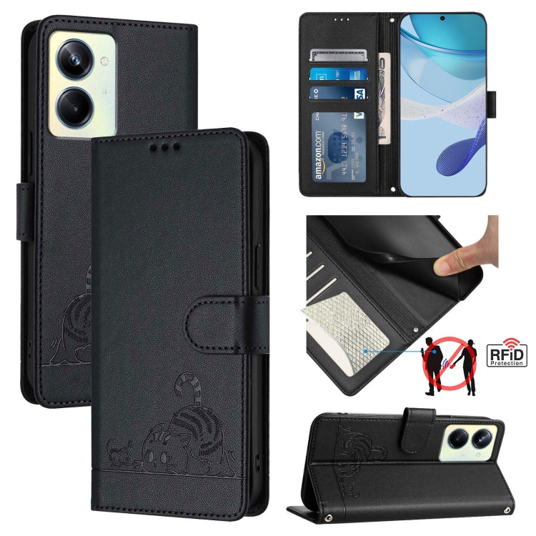 RFID leather phone wallet case in black with embossed cat-and-rat pattern and card slot