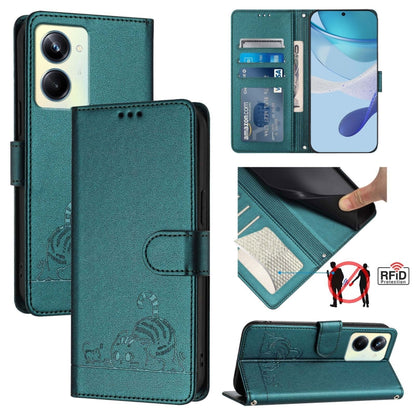 RFID leather phone wallet case in teal with embossed cat-and-rat pattern and card slot