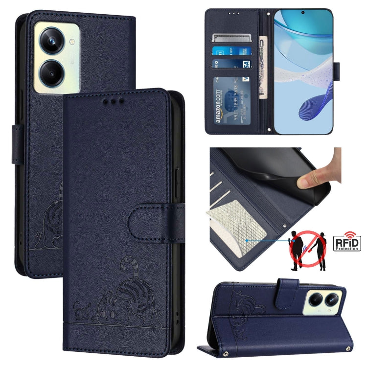 RFID leather phone wallet case in dark navy with embossed cat-and-rat pattern and card slot