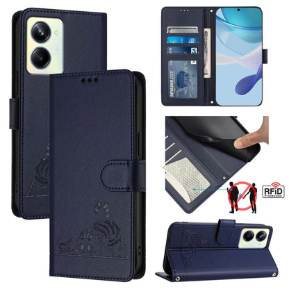 RFID leather phone wallet case in dark navy with embossed cat-and-rat pattern and card slot
