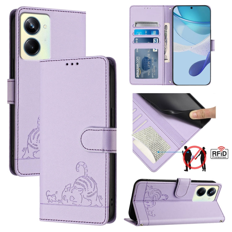 RFID leather phone wallet case in purple with embossed cat-and-rat pattern and card slot