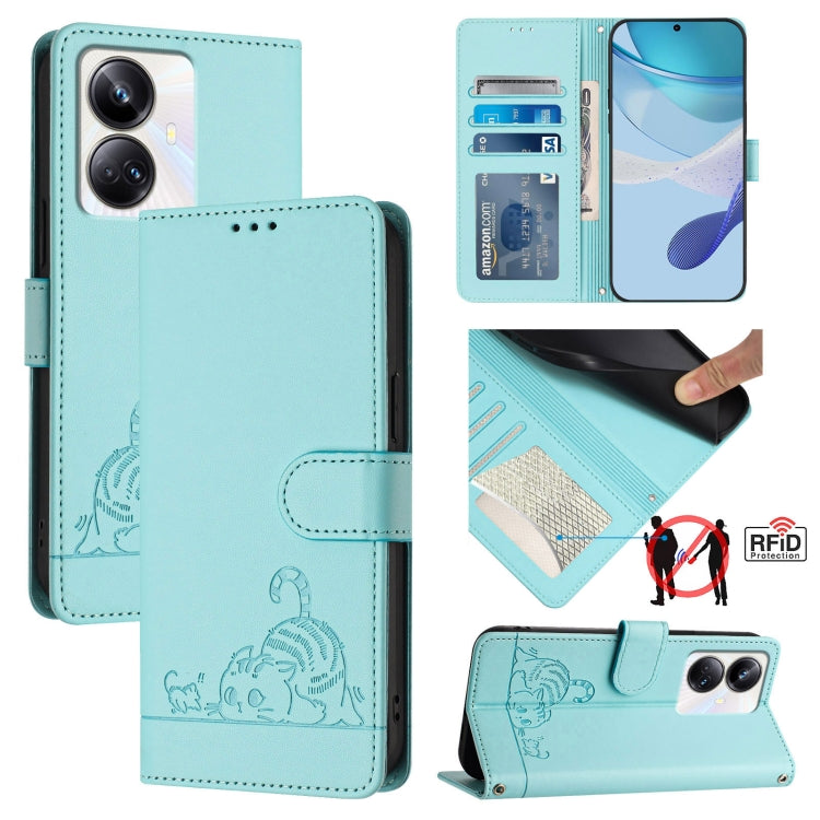 RFID leather phone wallet case in mint blue with embossed cat-and-rat pattern and card slot