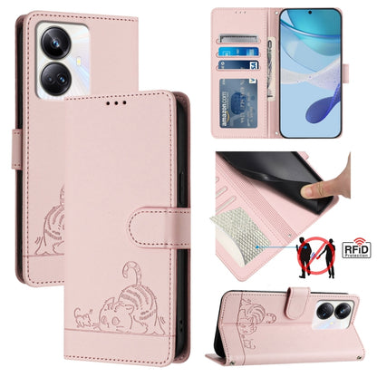RFID leather phone wallet case in pink with embossed cat-and-rat pattern and card slot
