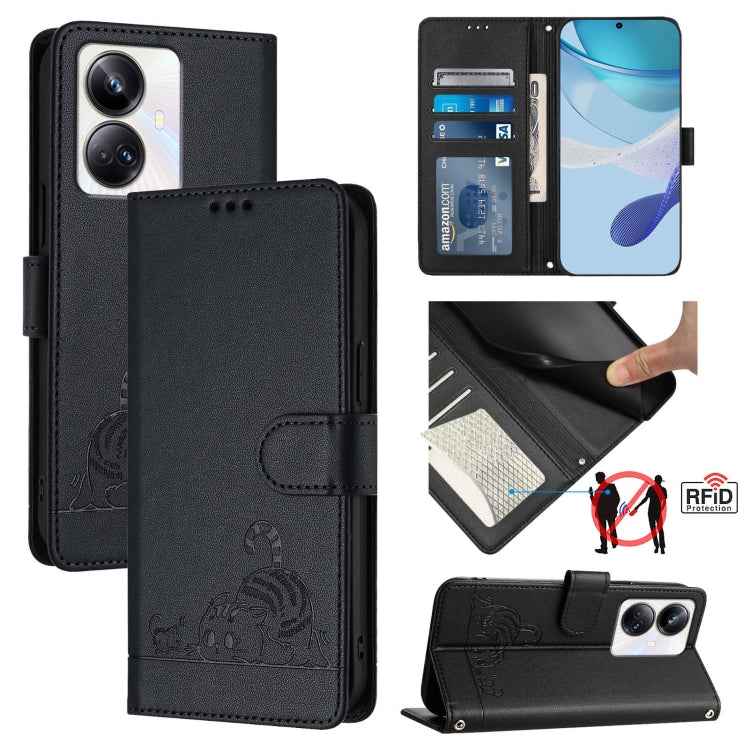 RFID leather phone wallet case in black with embossed cat-and-rat pattern and card slot