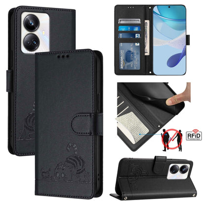 RFID leather phone wallet case in black with embossed cat-and-rat pattern and card slot