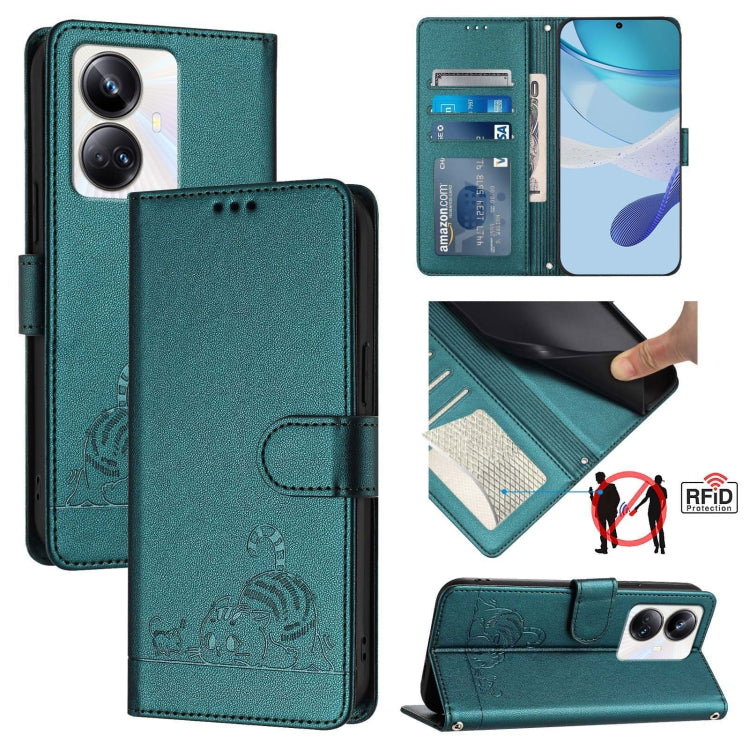 RFID leather wallet phone case with embossed cat-rat pattern, teal, card slot and stand