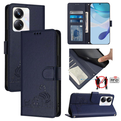 RFID leather wallet phone case with embossed cat-rat pattern, dark navy, card slot and stand