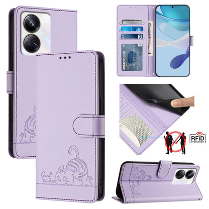 RFID leather wallet phone case with embossed cat-rat pattern, lavender, card slot and stand